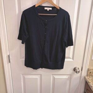 LOFT navy blue short sleeved crew neck cardigan, 100% cotton, lightweight, XXL